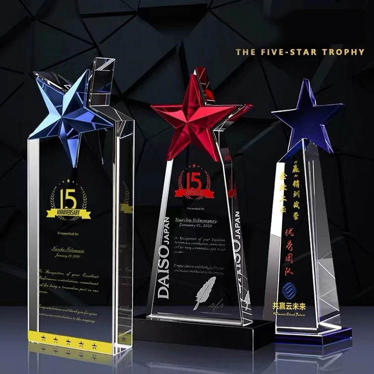 Pujiang Custom Blue Corporate Gifts Glass Shilds and Trophy Awards Plaques Crystal Shields