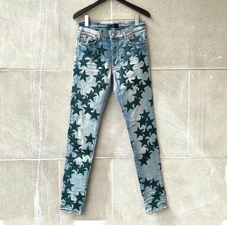 Men fashion street wear jean pants classy indigo with black leather star jeans skinny jeans men custom