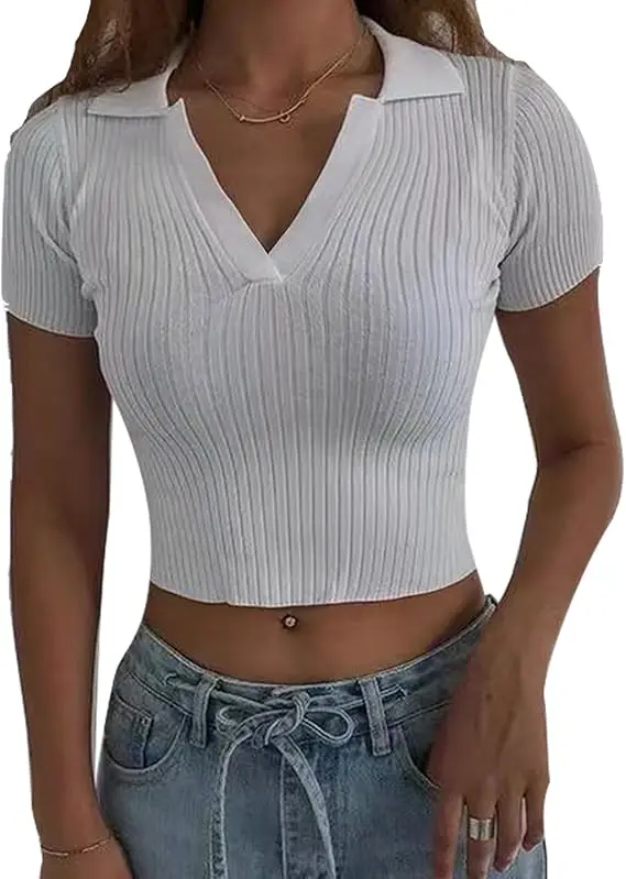 Poleras mujer Топ por mayermor белый ребристый укороченный топ на заказ стиль поло с V-образным вырезом Футболка для девочек