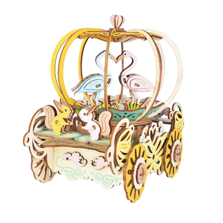 Direct Sales Color Box Cross-border Music box Pumpkin Car Children DIY Wooden Jigsaw Puzzle