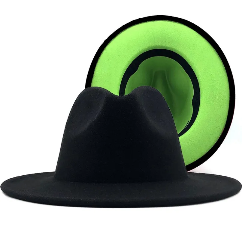 Wholesale High Quality Fake Wool Felt Fedora Hat For Men 2 tone hat colorful different candy color brim fedora  women hat