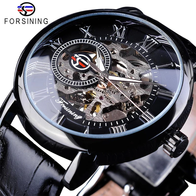 Forsining GMT838 3d Logo Design Hollow Engraving Gold Case Leather Skeleton Mechanical Watches Men Luxury Brand Heren Horloge