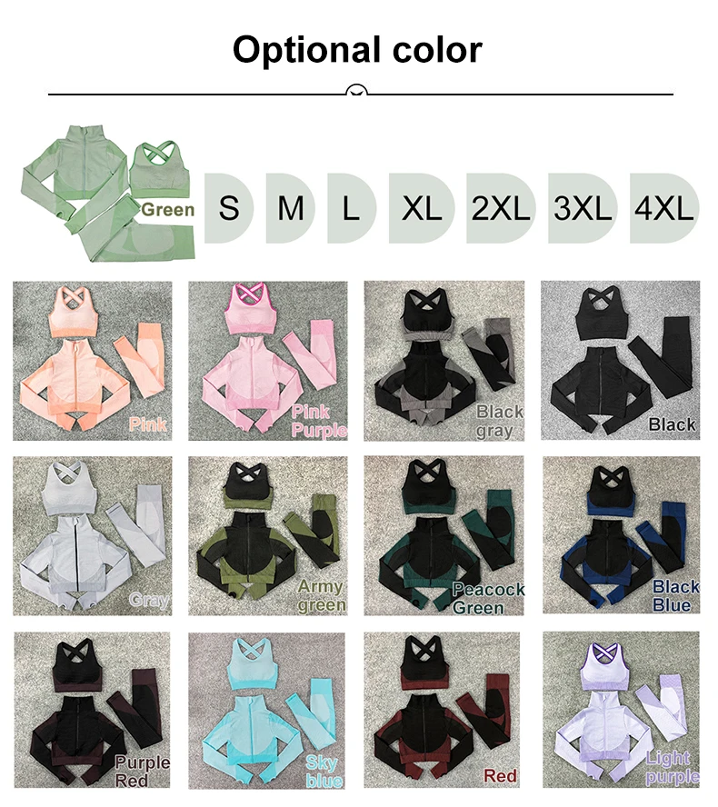 S-4XL Women Yoga Set 3Pcs Sports Seamless Gym Leggings Long Sleeve Crop Top Bra and Jacket Fitness Sportswear Tracksuit