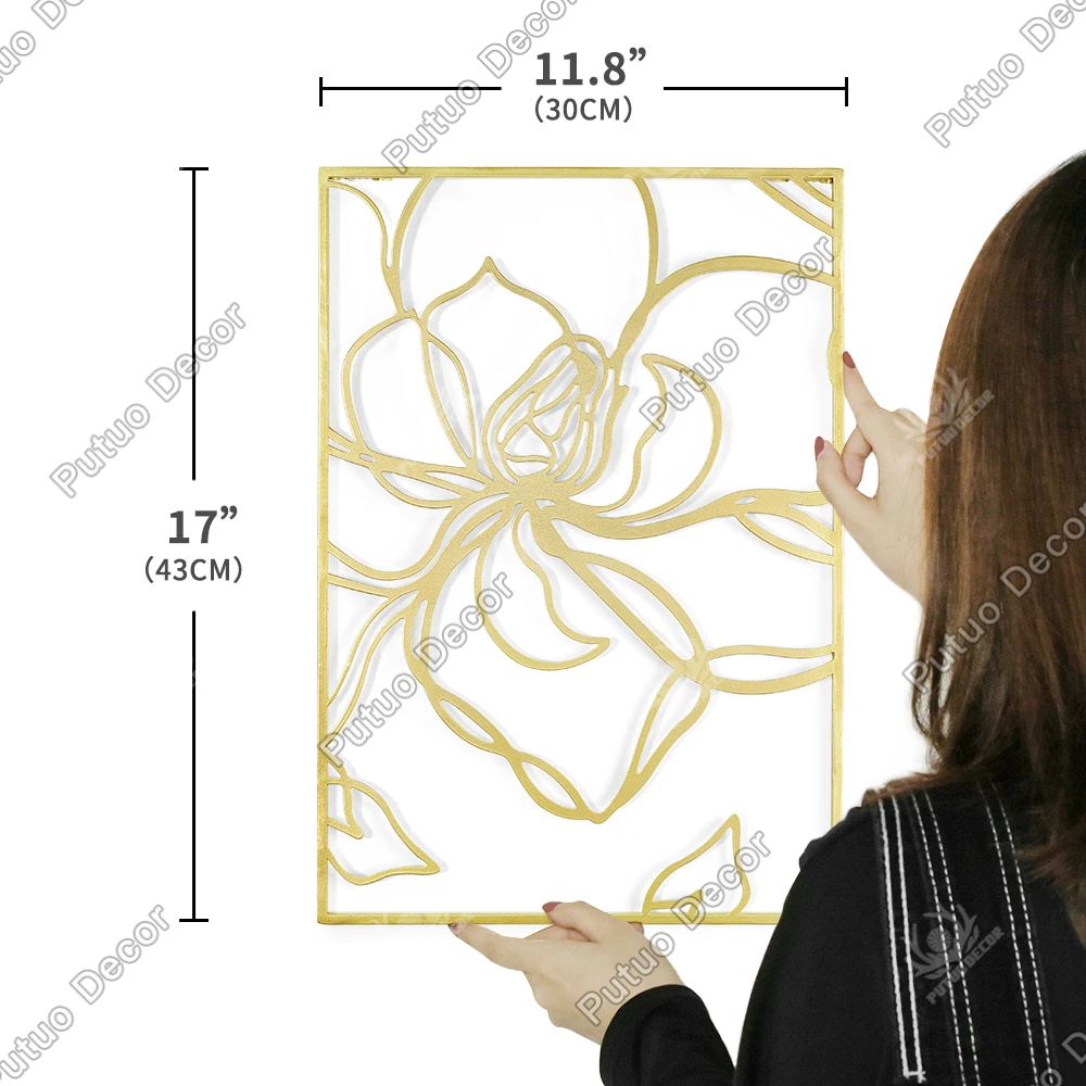 Putuo Decor Gold Flower Metal Wall Art Modern Minimalist Line Design Abstract Hanging Real Metal Wall Sculpture Accent