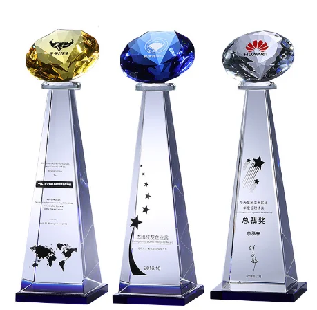 Custom engraved blue global crystal trophy for business honor awards