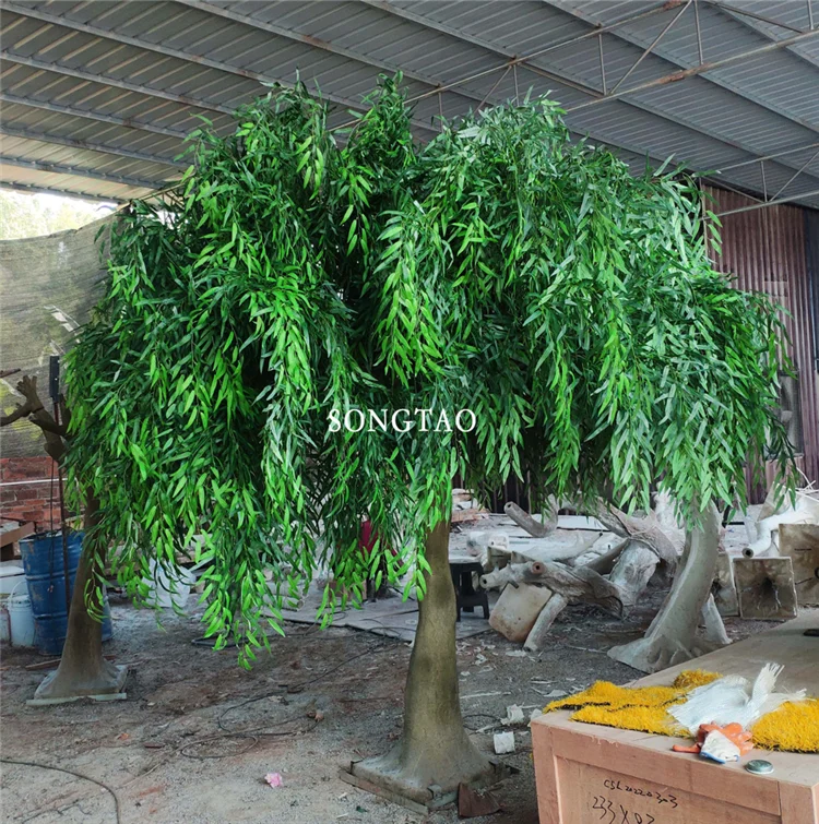 Large Outdoor Green Plastic Hanging Artificial Weeping Willow Trees UV Certified for Garden Office and Hotel Decor