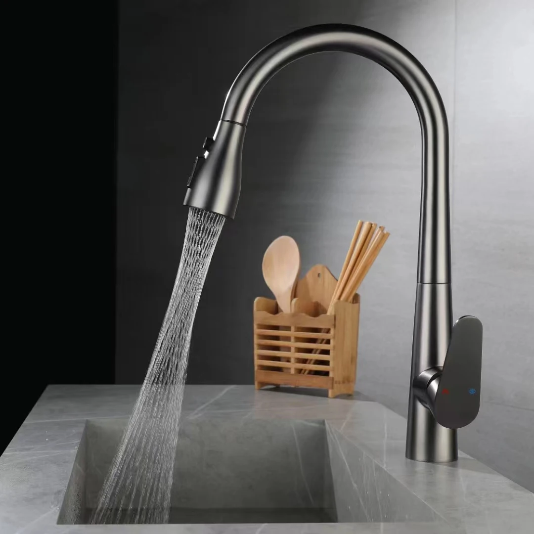 three mode widespread Gun grey SUS304 pull down out kitchen sink faucet with sprayer for kitchen sink