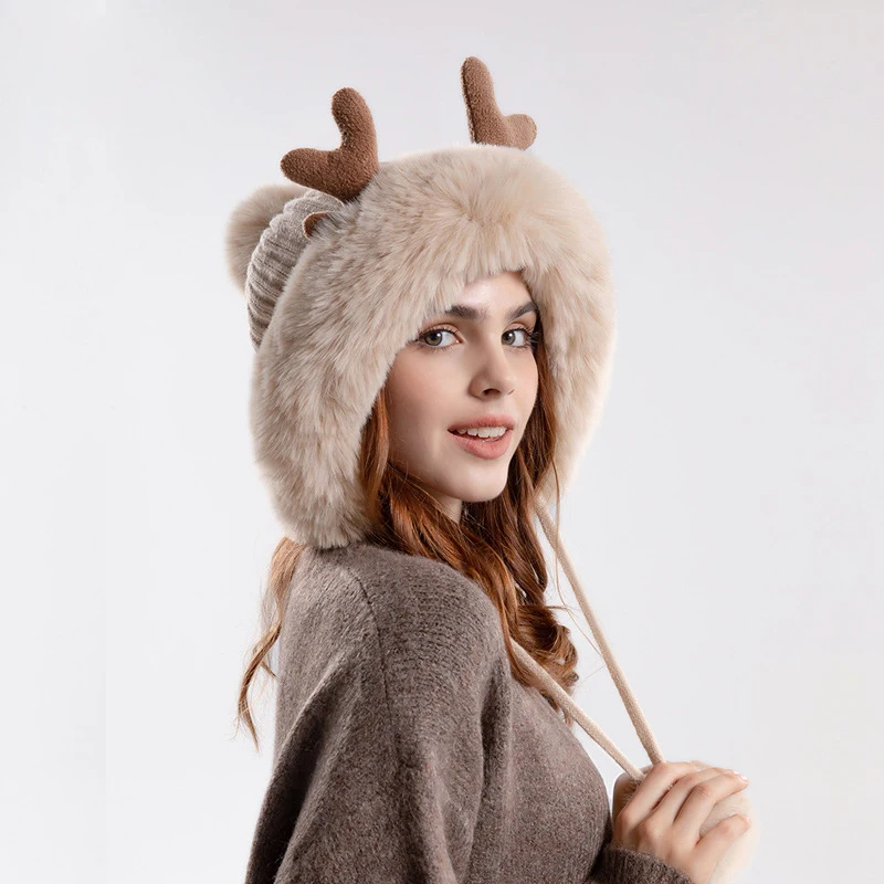 Wholesale Christmas Deer Horn Women Winter Hat Outdoor Warm Thick Fur Hat Windproof Winter Knitted Hat With 3 Pom Pom