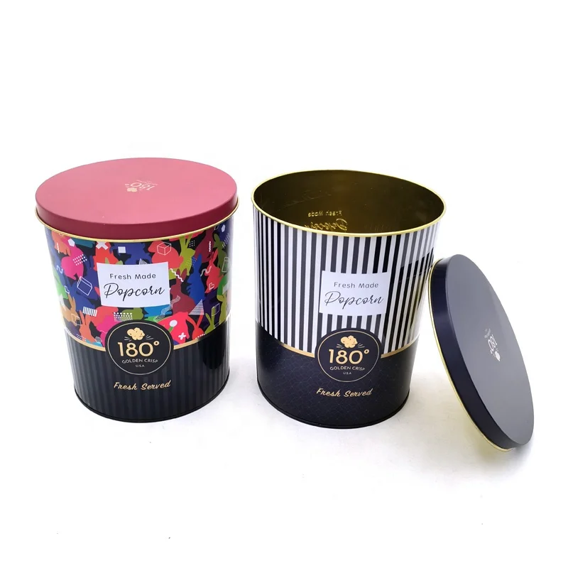 Hot selling conical metal tin drums, popcorn tin cans, biscuit gift tin boxes