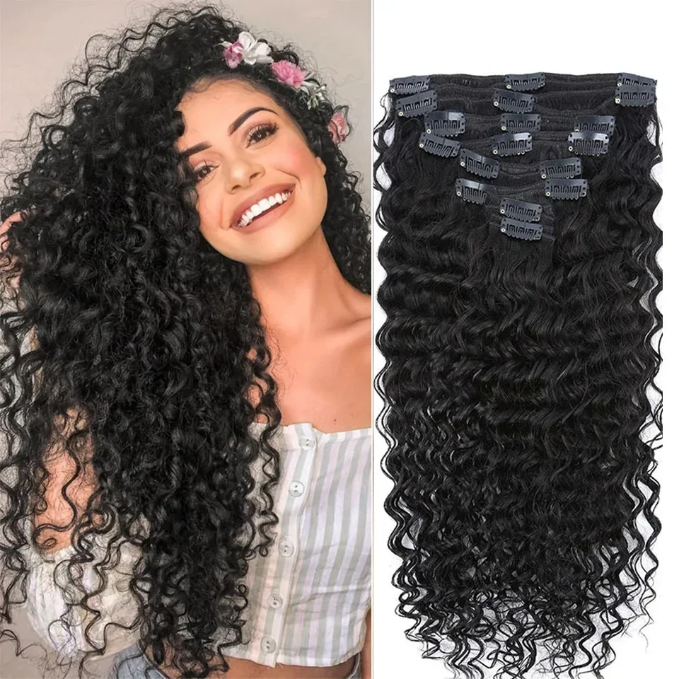 Brazilian Deep Wave Clip In Extensions Human Hair for Women Remy Natural Color
