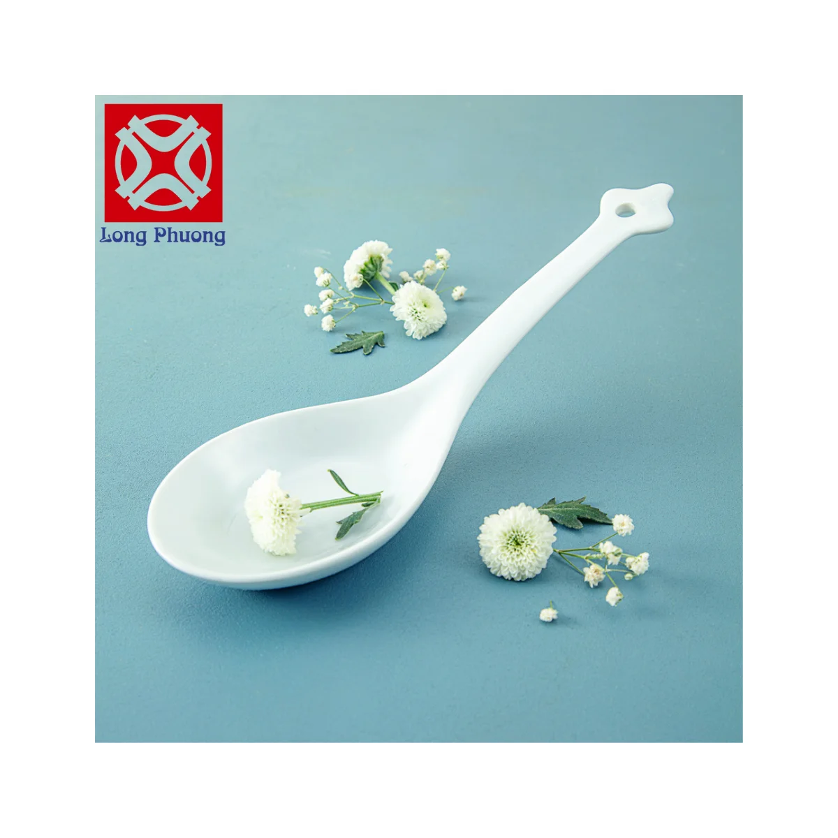 High Quality White Porcelain Curved Spoon Luxury Soup Spoon for Hotel Restaurant Long Phuong Group Supplier