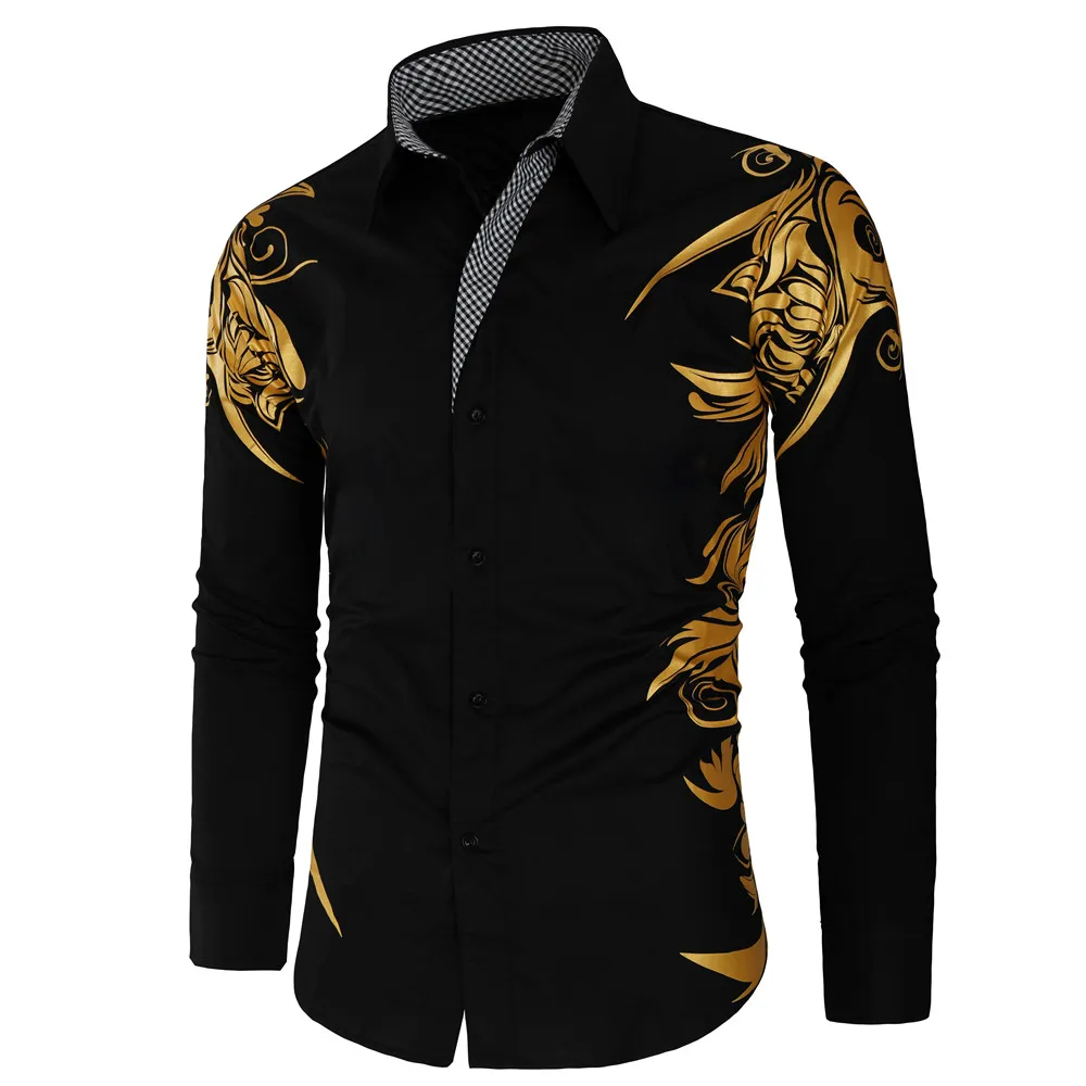 Hot sale Luxury Gold Black Shirt Men Slim Fit Long Sleeve Camisa Masculina Gold Black Chemise Homme Social Men Club Prom Shirt