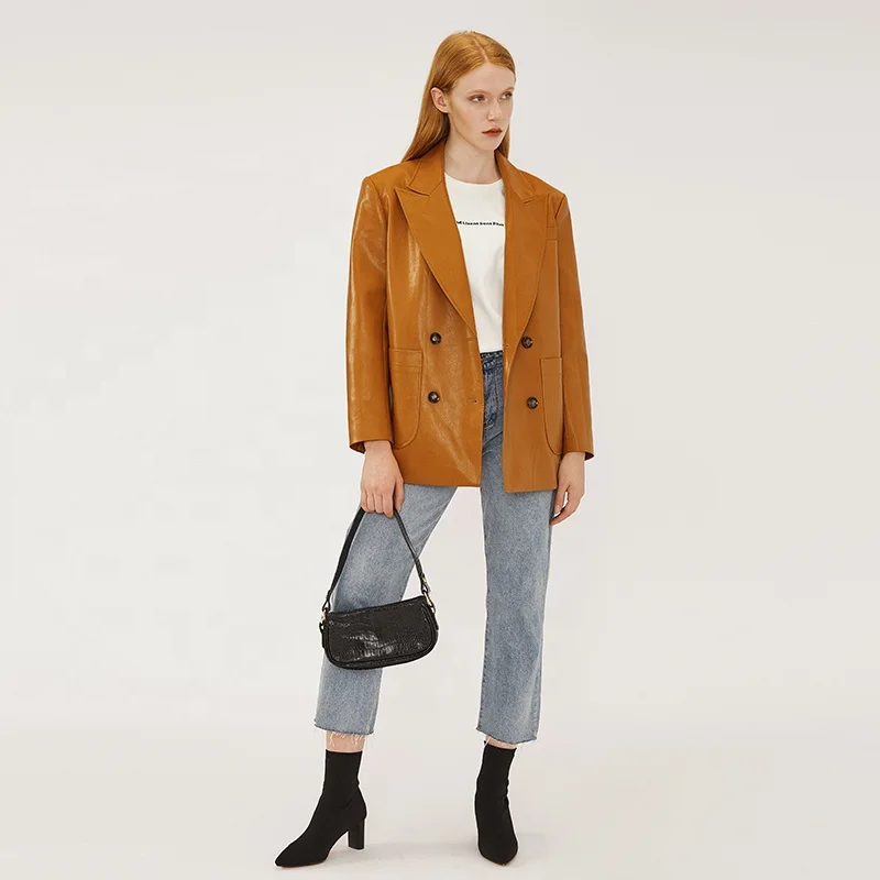 Настраиваемые винтажные верблюжьи минималистичные модные коричневые женские дизайнерские новейшие повседневные куртки из искусственной кожи Блейзер Пальто для женщин