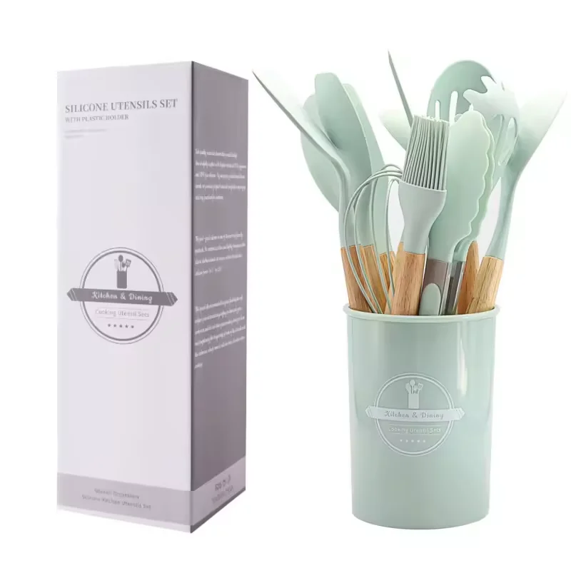 Factory whole 12 pcs kitchenware silicone cooking kitchen utensil set with wooden handle at stock