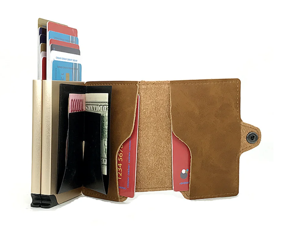 RFID Blocking PU Leather Wallet With Two Aluminum Automatic Card Boxes Pop Up Metal Cards Case Holder Slim Wallet Portable Clip