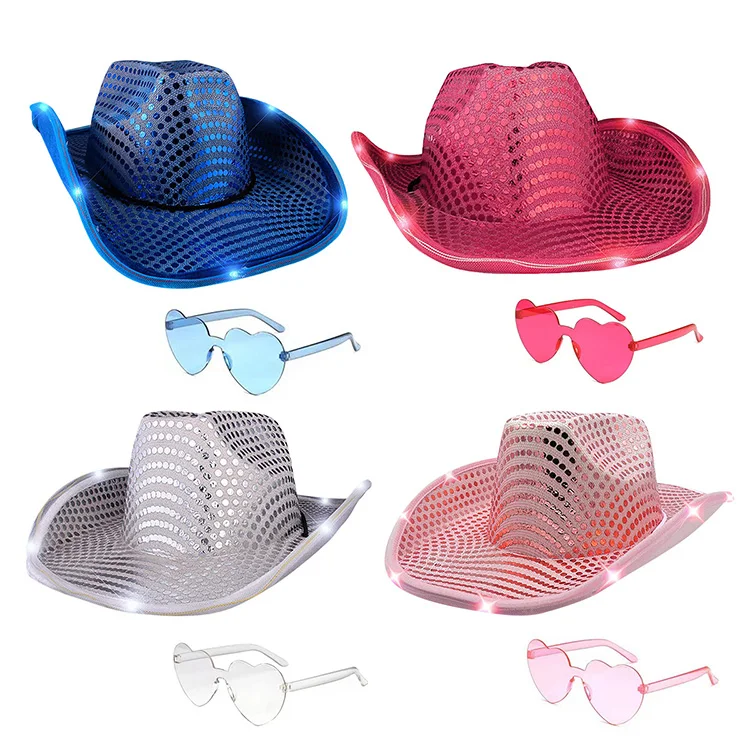 Custom Disco Ball Festival Outdoor Activity Glitter Shiny Light Up Sequin Led Cowboy Cowgirl Jazz Hat For Party