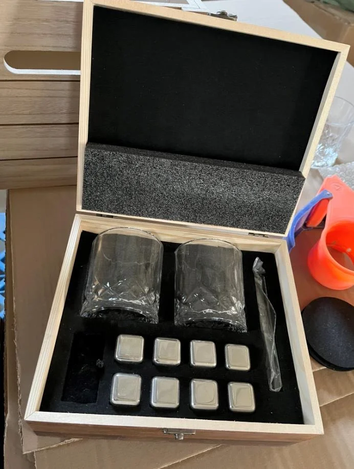 Luxury Whiskey Glass Gift Set in Wooden Box Includes 8 Whiskey Ice Stones Velvet Bag and Stainless Steel Tongs