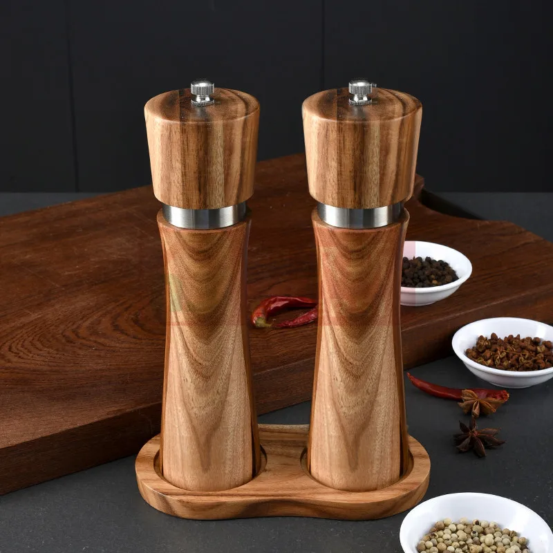 Beauty gift box design pepper mill acacia wooden pepper grinder set with OEM custom
