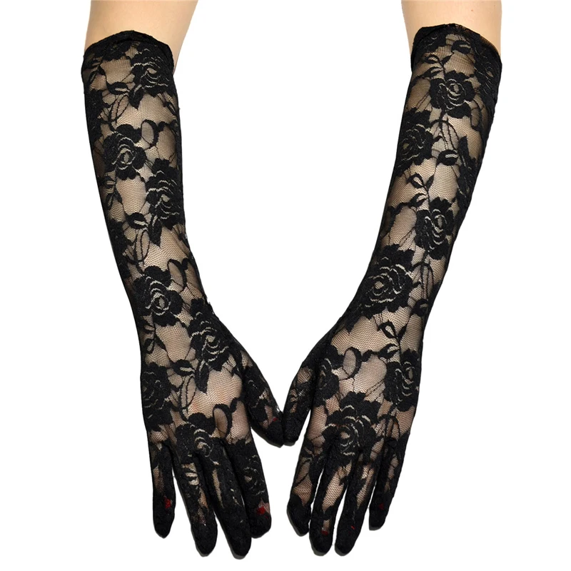 Womens Floral Sexy Lace Flower Gloves Long Opera Full Finger Sun Protection Female Nightclub Arm Costume Elbow Length Gloves