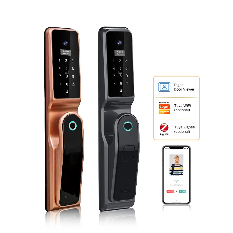 Security Automatic Wireless Password Card Tuya App Smart Fingerprint Door Lock With Cats Eye Camera