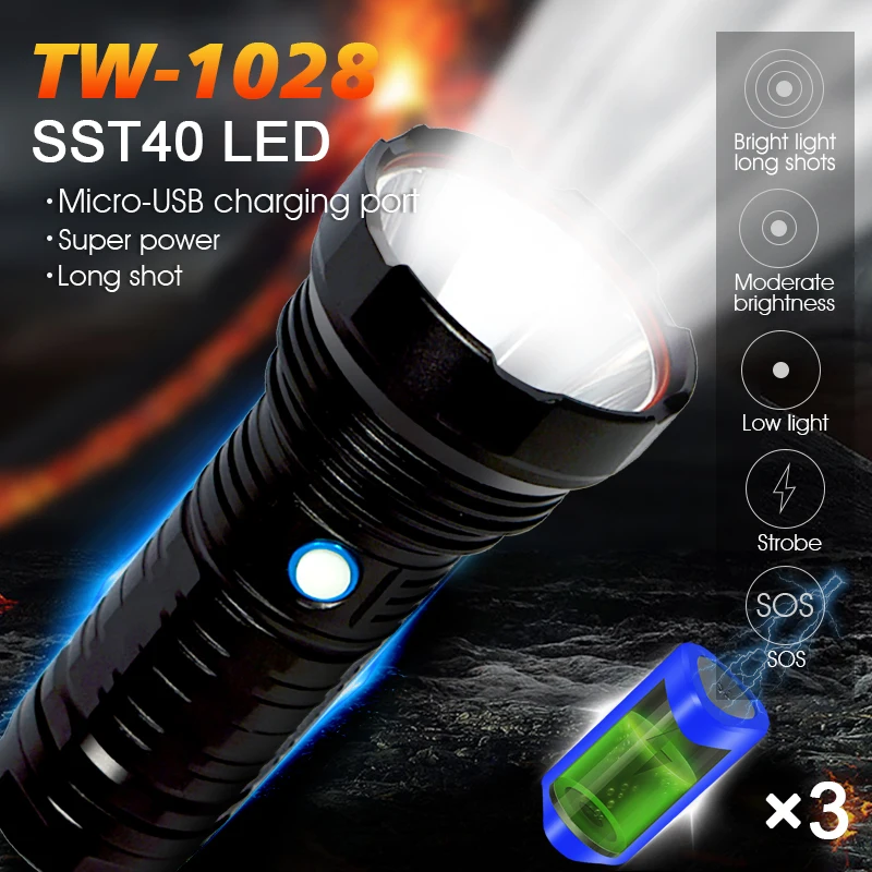 Аварийное освещение в помещении и на открытом воздухе tw-1028 F50 18650 Батарея питания LED USB перезаряжаемые фонари