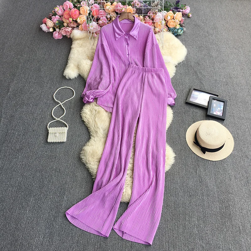 Y091-065 New Arrival Tracksuits For Women Candy Color Loose Pleated Shirt Elastic Pants Two Piece Set Casual Outfits For Women