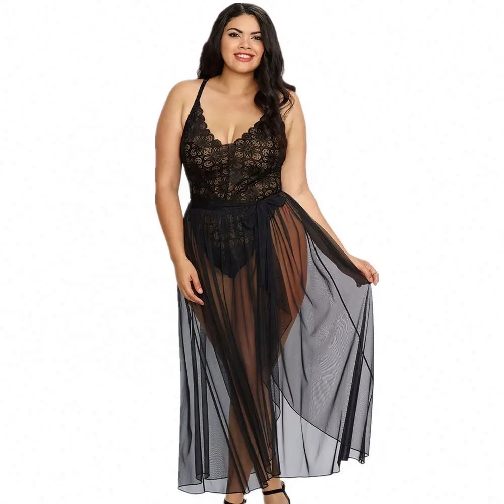 X716 Sexy Lace Leotard Bodysuit See through Lingerie Underwear Jumpsuit Siamese Bandage Mesh Apron 2pcs Sheer Intimate Costume