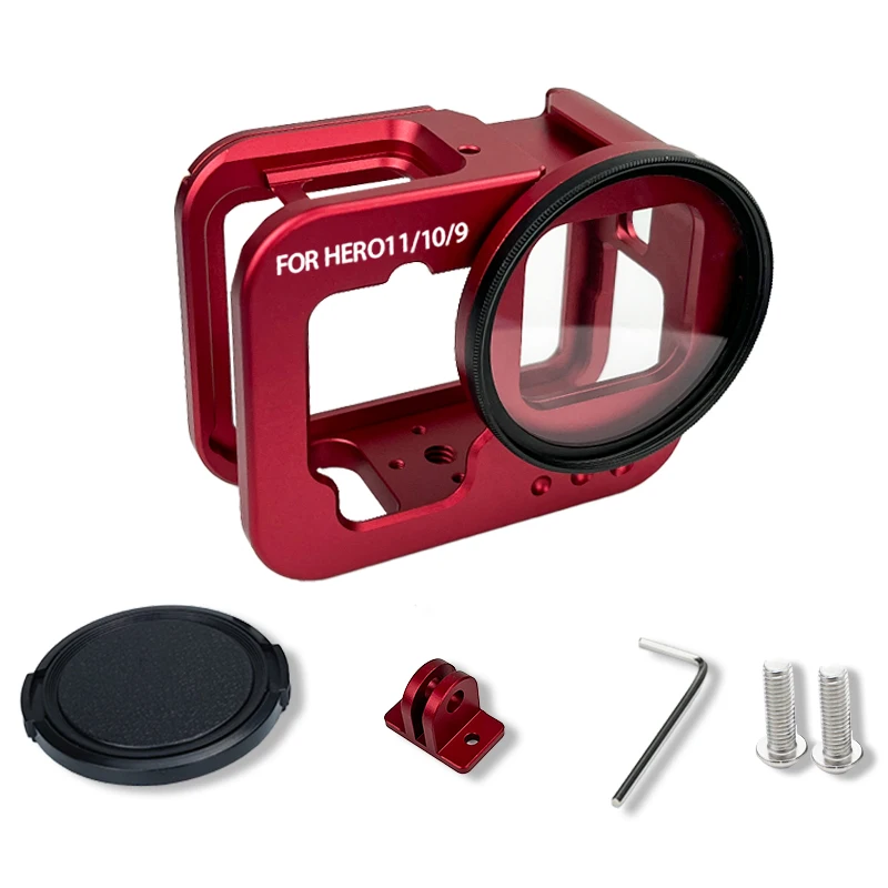 Metal Gopro Case for Gopro Hero 11/10/9 with 52mm UV Filter back Door Housing Frame Gopro Accessories(Red)