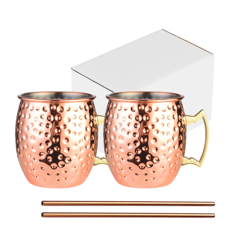 Custom Wholesale Cooper Russian Standard 2 Hammered Solid Copper Moscow Mule Mug Cup Set of 4 With Straw