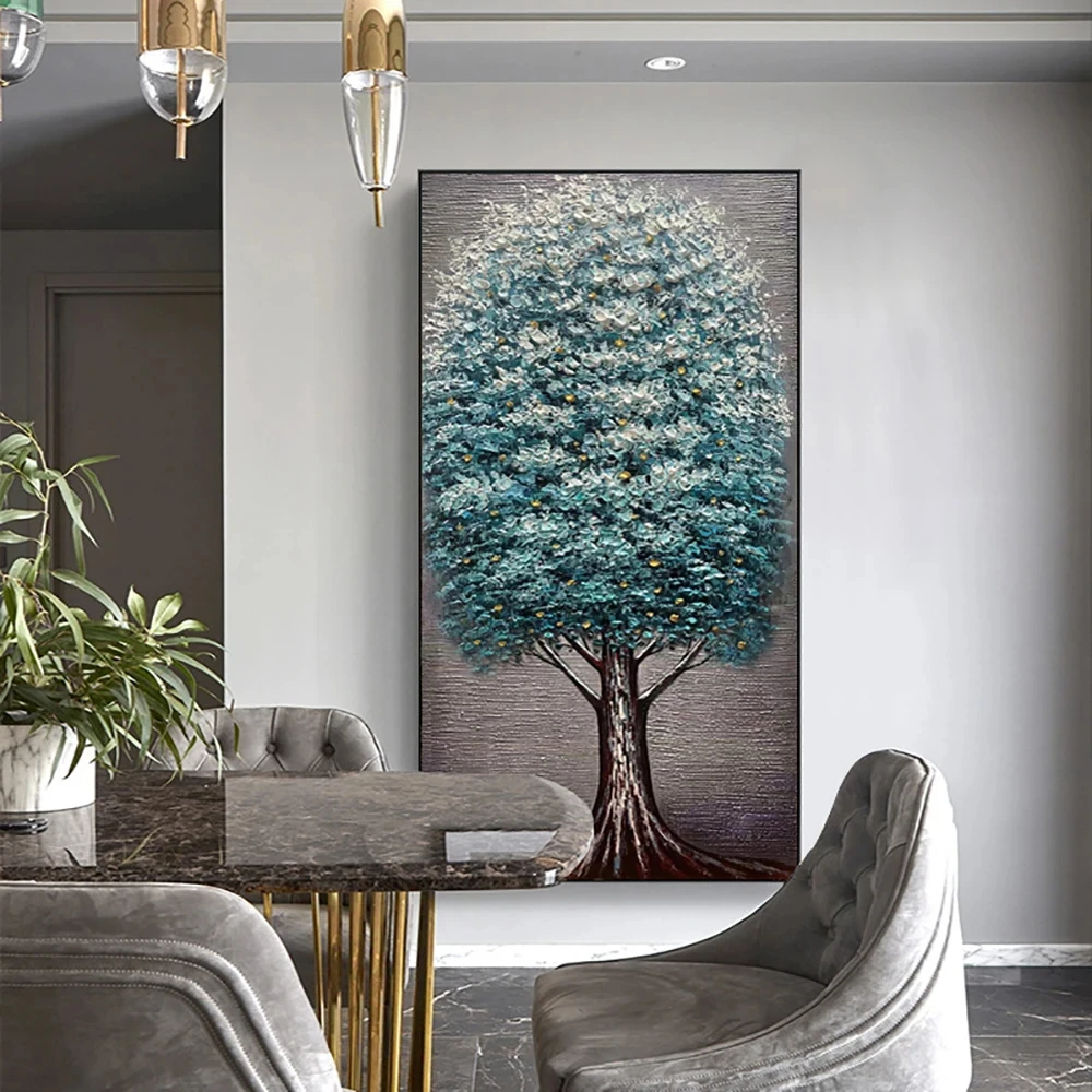 Modern Wall Art Handmade Abstract Thick structure Green Tree Oil Painting On Stretched Canvas Pictures for Home Decor