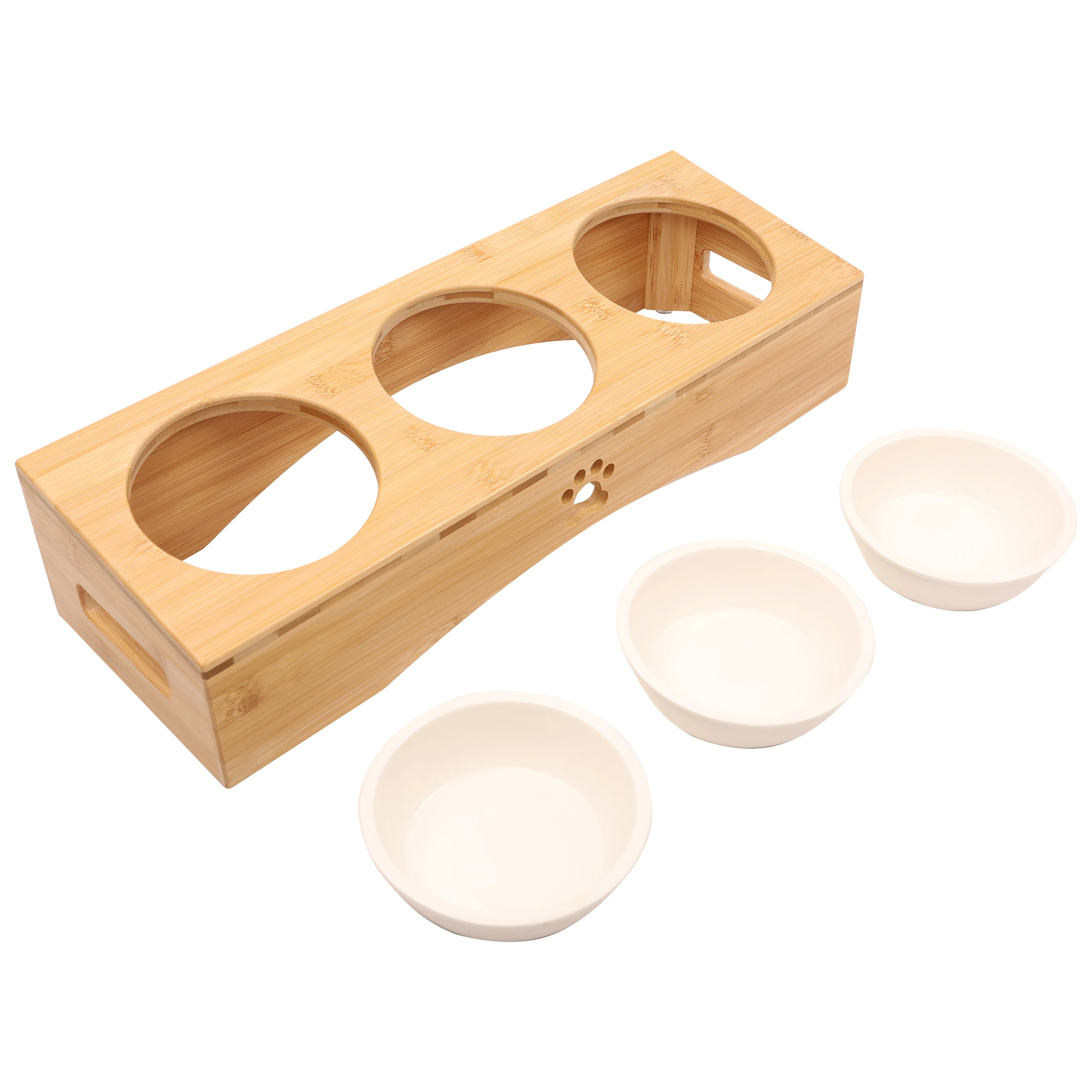 Home Elevated Triple Feeder Raised Pet Bowls with nature bamboo Stand for Cats and Small Dogs  Ceramic Cat and Dog Bowl Set