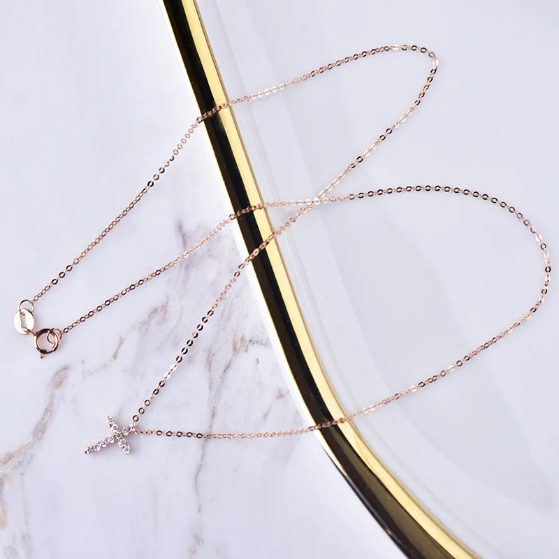 18K Solid Gold Real Diamond Cross Pendant Gold Necklace for Women