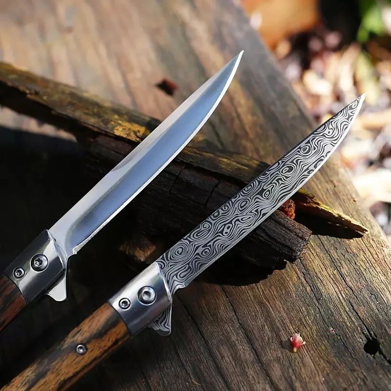 Free Sample Factoryd Price Damascus Pattern Blade Outdoor Folding Pocket Hunting Camping Survival Knife With Leather Case