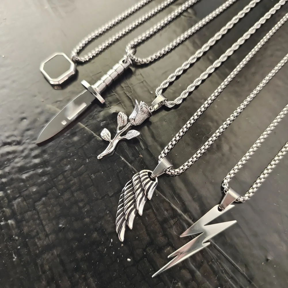 VAF 24 Inch SILVER Pendant Collection Dagger Lightning Wings Compass Rose Flower Pendant Necklace 316L Stainless Steel Necklace