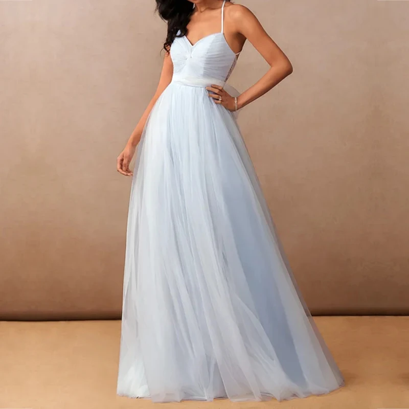 Custom Light Blue Floor Length Sleeveless Lace Elegant Women Party Dresses Long Evening Elegant