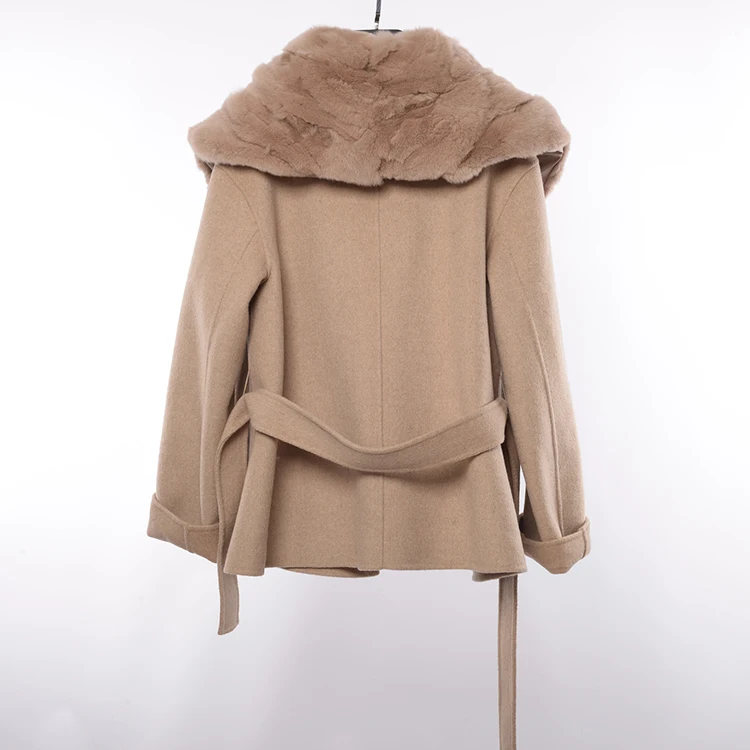 Factory wholesale JTF women rex rabbit jacket beige fur lapel handmade warm short wool coat