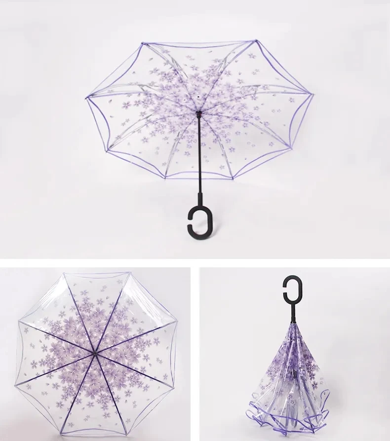 Z73  C Type Transparent  Umbrella Reverse Double-layer cherry Umbrella Creative hands-free Folding Umbrella