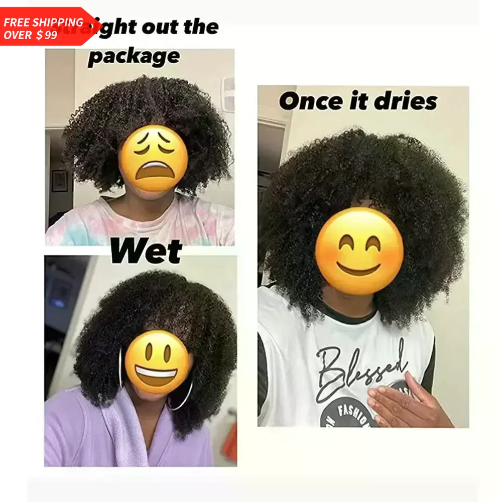 Afro Kinky Curly Brazilian Remy Human Hair Wigs with Bangs 200% Density Full Machine Made Short Wigs