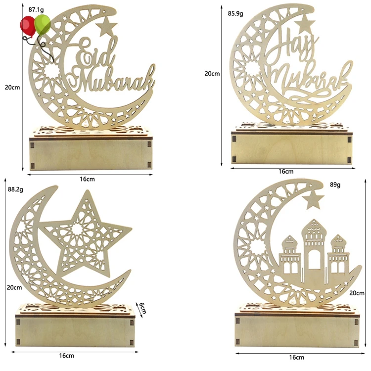 Wooden Ramadan Eid Mubarak Moon Star Islam Hanging Pendant Plate with LED String Lights Eid Mubarak Wooden Ornaments KD750