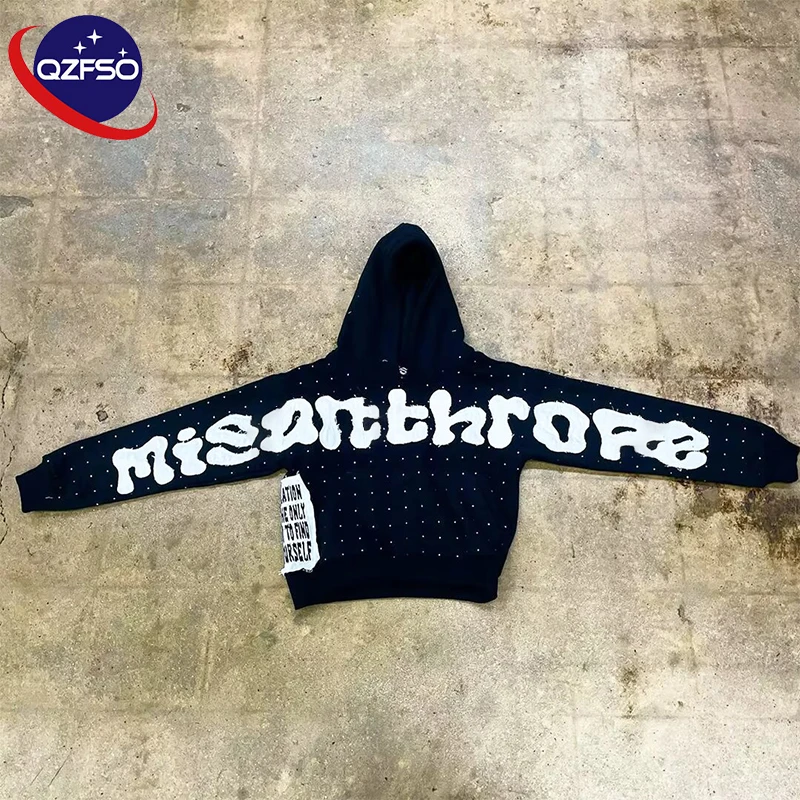 QZFSO High Quality Oversized 400 gsm 100% French Terry Heavyweight Distressed Patch Embroidery Tag Custom Logo Rhinestone Hoodie