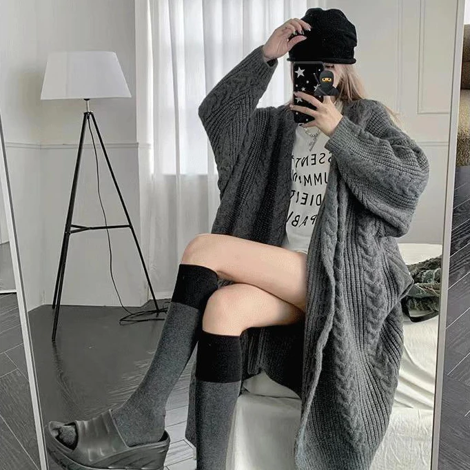 2024 new spring and fall loose thin medium-length thickened sweater coat fashion knitted cardigan female