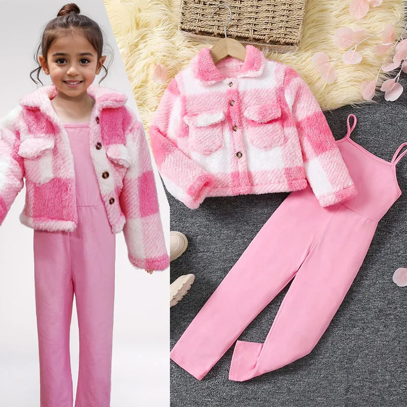 2024 Christmas High Quality Toddler Clothing set Fashion plaid fur coat jumpsuit two piece Kids Girls clothes Sets