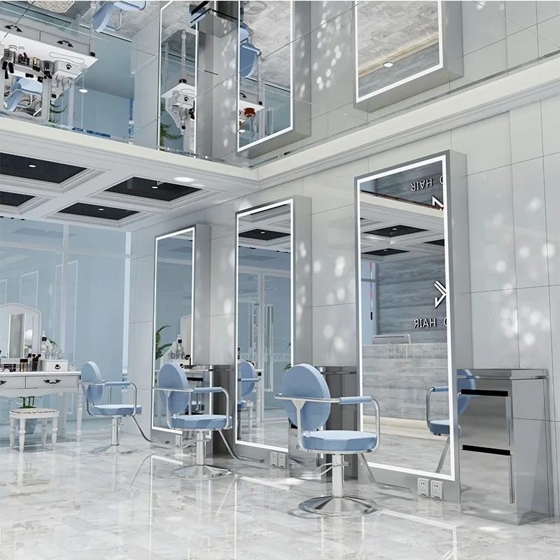 Gold single side mirror Station Luxury Light LED Mirror Cabinet Floor LED Hair Salon Furniture Barber Station