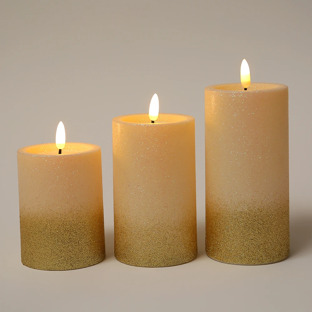 New Arrival  3D Real Plastic Gold Dust Design Led Flameless Candle Lights For Home Garden Wedding Favors