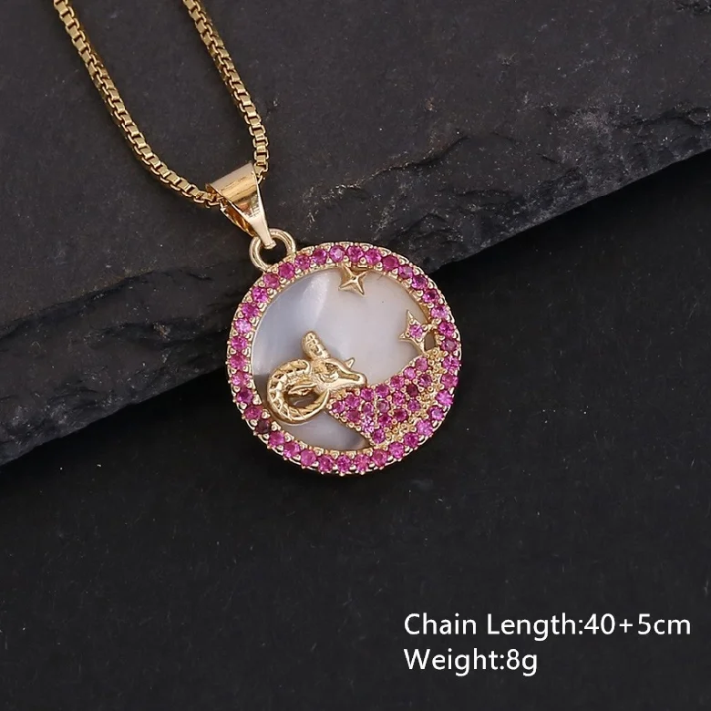 Fashion Jewelry 18k Gold Plated 12 Con-stellation Round Charm Women Colorful Zircon Shell Brass Zodiac Pendant Necklaces