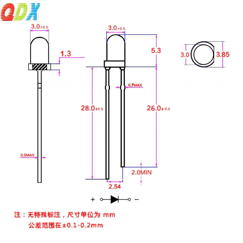 Manufacturer customized LED Water clear lens 3mm blue diffused super bright led diode round in-line lamp beads quality3.0-3.2V