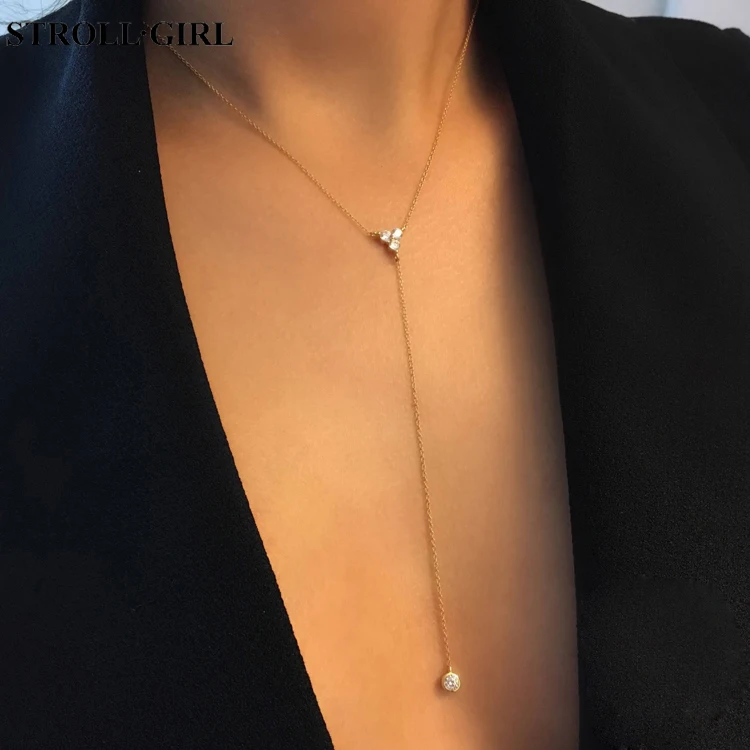 Fashion women 18K gold plated white cz diamond silver lariat necklace