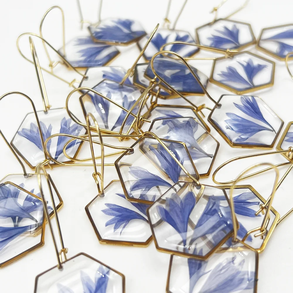 Geometric Handmade Resin Jewelry Blue Real Corn flower Gold Hexagon Hoop Earrings Unique Birthday Gift