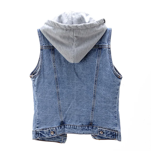 wholesale plus size custom slim short style cotton single buttons turn down collar hooded women sleeveless jacket denim vest