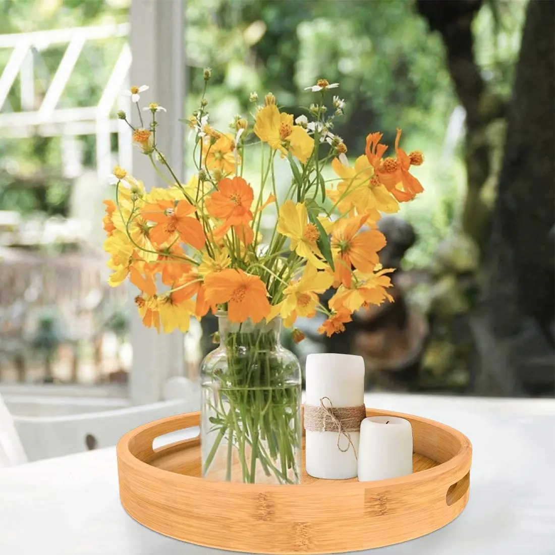 Экологичная сервировочная тарелка из бамбука круглый деревянный поднос с ручкой декоративный